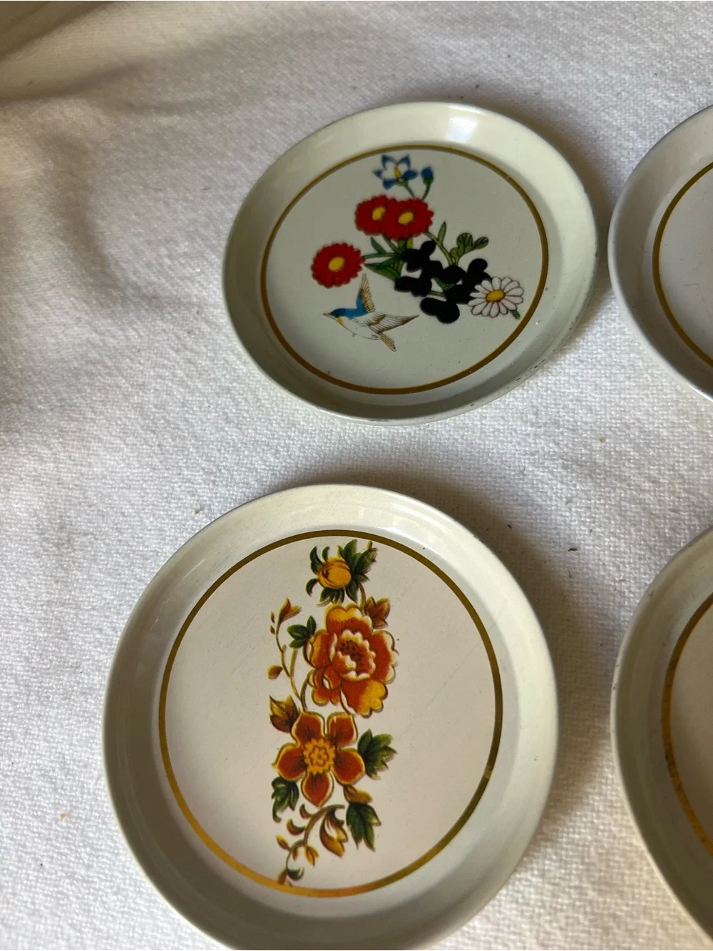 Vintage Floral tin Coasters - White with Orange & Red Floral Design